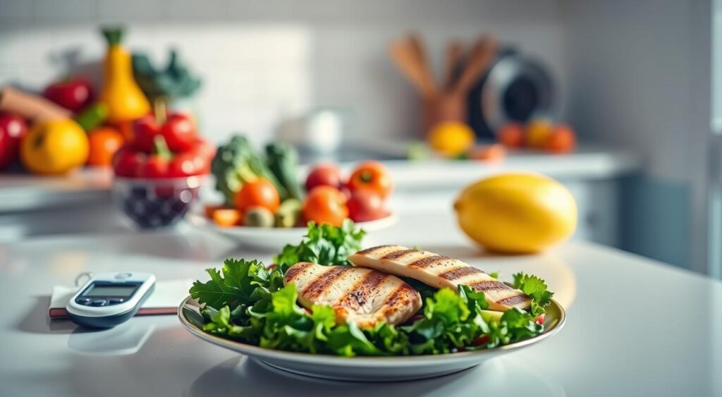 A well-lit kitchen counter with a variety of fresh, colorful fruits and vegetables neatly arranged. In the foreground, a glucometer and a small notebook represent regular monitoring of blood sugar levels. The middle ground features a balanced plate with grilled chicken, leafy greens, and whole grains, symbolizing a healthy, A1C-lowering diet. The background has soft, natural lighting and a serene atmosphere, conveying the importance of mindful eating and lifestyle choices to manage diabetes effectively.