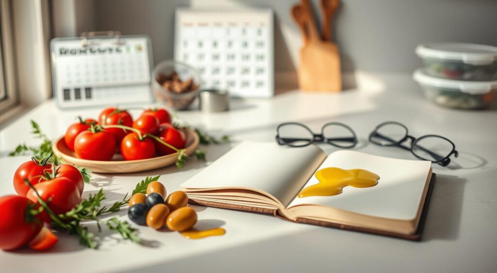 A well-lit kitchen counter with an open notebook, a pair of reading glasses, and a collection of fresh Mediterranean ingredients - olives, tomatoes, herbs, and a drizzle of olive oil. A clean, minimalist aesthetic with a soft, natural lighting that enhances the vibrant colors of the food. In the background, a calendar and a pair of meal prep containers suggest a thoughtful, organized approach to meal planning. The overall scene conveys a sense of simplicity, health, and intentionality, reflecting the 