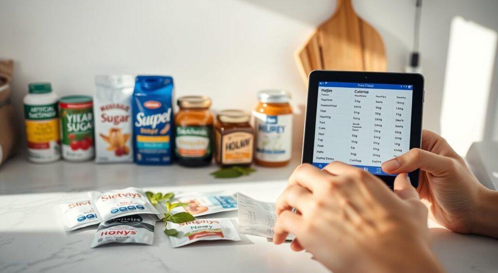 A well-lit kitchen countertop with various sugar substitute products neatly arranged, including packets of artificial sweeteners, stevia leaves, and natural honey jars. In the foreground, a hand carefully examines and compares the labels, evaluating the nutritional information and ingredient lists. The middle ground showcases a tablet or smartphone displaying a comparison chart of different sugar substitutes, their calorie content, and potential health benefits. The background features a clean, minimalist backdrop, allowing the focus to remain on the selection process. The overall mood is one of thoughtful consideration, guiding the viewer through the nuanced decision of choosing the right sugar substitute.