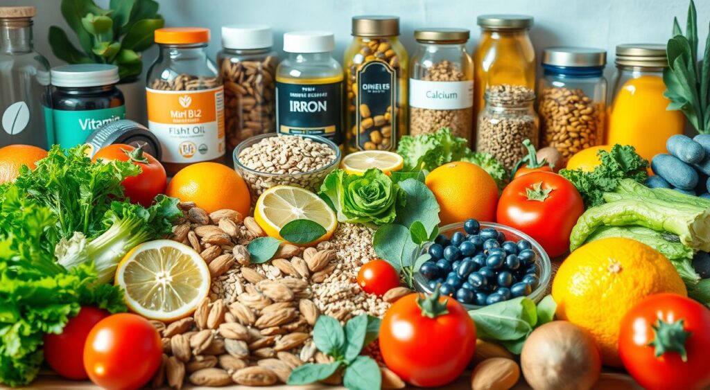 A well-lit still life arrangement showcasing a variety of essential nutrients. In the foreground, a collection of colorful fruits and vegetables, including leafy greens, citrus fruits, and vibrant red tomatoes. In the middle ground, a mix of nuts, seeds, and whole grains, such as almonds, chia seeds, and quinoa. In the background, glass bottles and jars containing supplements like vitamin B12, iron, zinc, calcium, and fish oil capsules, all arranged in a visually appealing manner. The lighting is soft and natural, creating a warm, inviting atmosphere that highlights the nutritional abundance. The composition is balanced and harmonious, conveying the importance of a diverse, nutrient-rich diet.