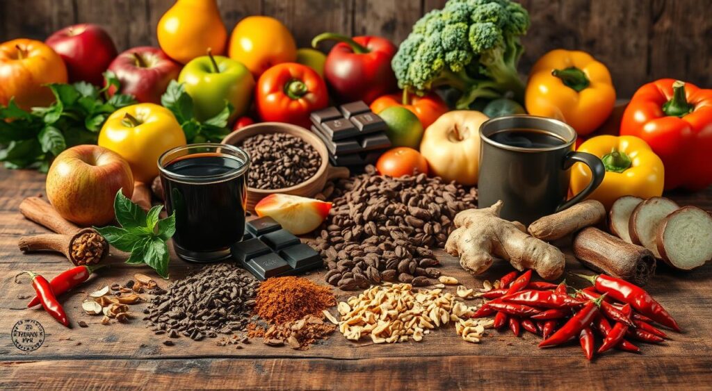 A well-lit still life composition featuring an assortment of thermogenic foods arranged artfully on a rustic wooden table. In the foreground, a variety of spices like chili peppers, cayenne, and ginger are scattered across the surface. In the middle ground, various superfoods like green tea leaves, dark chocolate chunks, and a steaming cup of black coffee are displayed. The background showcases a vibrant array of fruits and vegetables known for their thermogenic properties, such as apples, pears, broccoli, and bell peppers. The lighting is soft and natural, highlighting the textures and colors of the ingredients. The overall mood is warm, inviting, and informative, conveying the benefits of incorporating thermogenic foods into a healthy lifestyle. A well-lit still life composition featuring an assortment of thermogenic foods arranged artfully on a rustic wooden table. In the foreground, a variety of spices like chili peppers, cayenne, and ginger are scattered across the surface. In the middle ground, various superfoods like green tea leaves, dark chocolate chunks, and a steaming cup of black coffee are displayed. The background showcases a vibrant array of fruits and vegetables known for their thermogenic properties, such as apples, pears, broccoli, and bell peppers. The lighting is soft and natural, highlighting the textures and colors of the ingredients. The overall mood is warm, inviting, and informative, conveying the benefits of incorporating thermogenic foods into a healthy lifestyle.