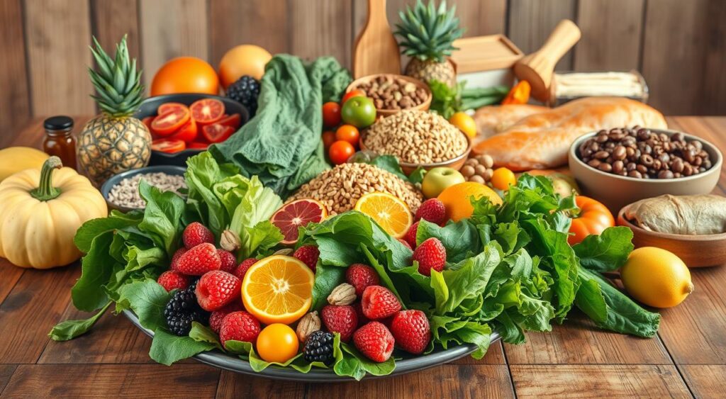 A well-lit still life featuring a variety of fresh, colorful fruits and vegetables on a wooden table. In the foreground, a platter showcases an assortment of leafy greens, berries, and citrus fruits. The middle ground includes wholesome grains, nuts, and seeds, while the background features a variety of lean protein sources such as fish, chicken, and legumes. The scene is bathed in warm, natural lighting, creating a sense of nourishment and vitality. The overall composition conveys the idea of a balanced, nutrient-dense diet to support metabolic health.