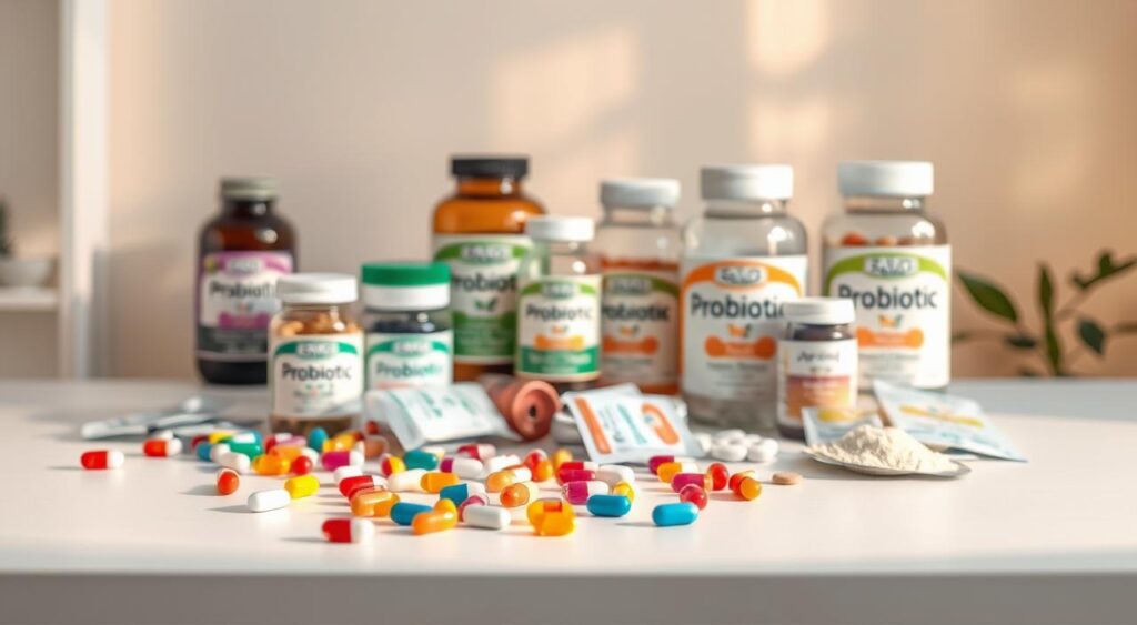 A well-lit tabletop scene showcasing an assortment of women's probiotic supplements. In the foreground, an array of colorful capsules, tablets, and powder sachets arranged artfully against a clean, minimalist background. The middle ground features glass jars and bottles of various probiotic strains, their labels prominently displayed. The background is softly blurred, with hints of a natural, earthy texture to evoke a sense of health and wellness. Warm, diffused lighting casts a gentle glow over the scene, creating a calming, inviting atmosphere. The overall composition emphasizes the premium quality and scientific efficacy of the probiotic products.
