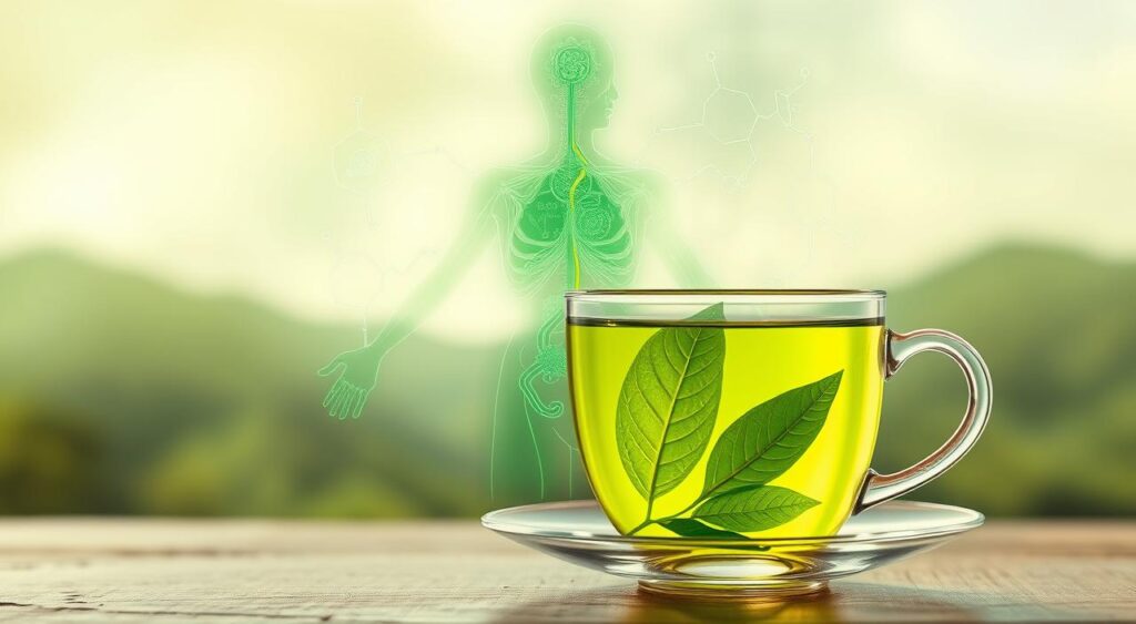 An abstract visualization of the metabolic processes within the human body, centered around a steaming cup of vibrant green tea. The foreground features a delicate tea leaf, its veins and intricate structure magnified, symbolizing the active compounds in the tea. In the middle ground, a transparent anatomical overlay depicts a network of vessels, arteries, and cellular mechanisms, all pulsing with a subtle green glow. The background blends a hazy, dreamlike landscape with soft, diffused lighting, creating an atmosphere of contemplation and scientific exploration. The overall composition conveys the idea of green tea's ability to catalyze and optimize the body's metabolic functions.