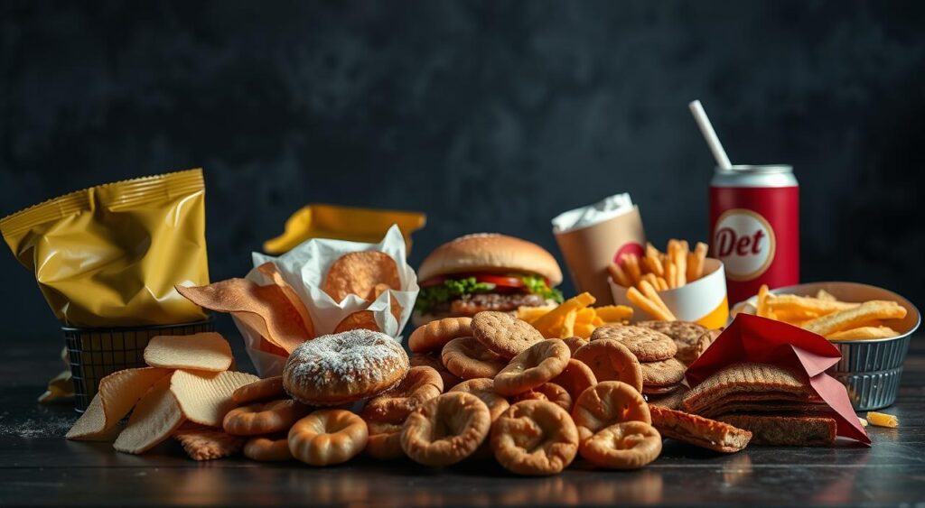 Arrange a still life scene of Mediterranean diet foods to avoid. In the foreground, place a selection of unhealthy processed snacks, such as greasy potato chips, sugary pastries, and salty crackers. In the middle ground, include some fast food items like a cheeseburger, fries, and a soda. In the background, create a somber, dimly lit setting with moody, dramatic lighting to convey the undesirable nature of these foods. Capture the scene with a wide-angle lens to emphasize the unhealthy abundance of these items, conveying a sense of temptation and indulgence that should be resisted on the Mediterranean diet.