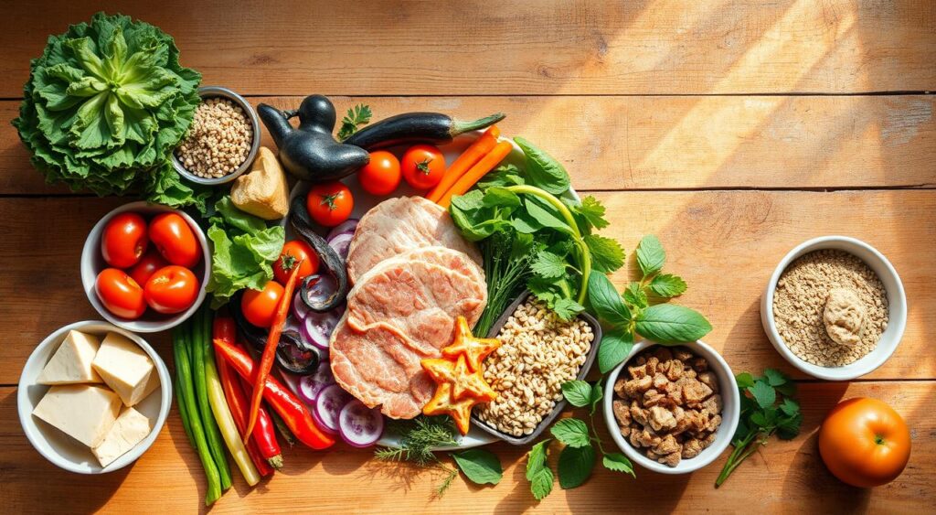 Balanced meal planning: a delightful spread of colorful, nutrient-rich ingredients artfully arranged on a rustic wooden table. Vibrant vegetables, lean proteins, whole grains, and healthy fats create a visually appealing and well-balanced composition. Soft, natural lighting illuminates the scene, casting gentle shadows and highlighting the textures and colors. The layout suggests an organized, thoughtful approach to nourishing the body, with portions and food groups in harmonious proportions. An atmosphere of simplicity, health, and culinary elegance pervades the image, inspiring a sense of mindful and sustainable eating. Balanced meal planning: a delightful spread of colorful, nutrient-rich ingredients artfully arranged on a rustic wooden table. Vibrant vegetables, lean proteins, whole grains, and healthy fats create a visually appealing and well-balanced composition. Soft, natural lighting illuminates the scene, casting gentle shadows and highlighting the textures and colors. The layout suggests an organized, thoughtful approach to nourishing the body, with portions and food groups in harmonious proportions. An atmosphere of simplicity, health, and culinary elegance pervades the image, inspiring a sense of mindful and sustainable eating.