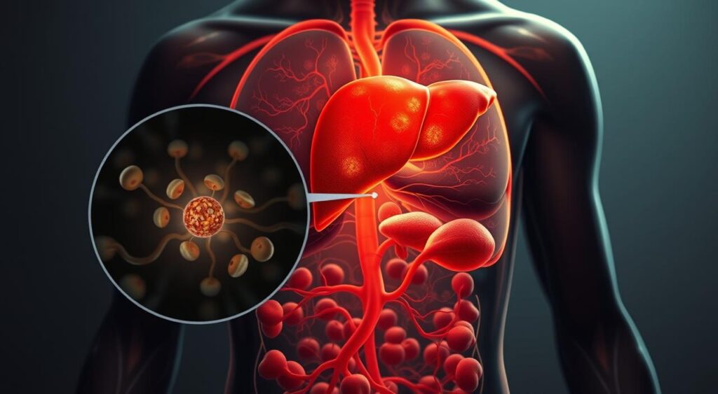 Detailed cross-section of a human body in low-key lighting, highlighting the process of ketosis during a low-carb diet. Foreground shows an enlarged view of fat cells and mitochondria, middle ground depicts the liver converting fatty acids into ketones, while the background reveals the circulatory system transporting ketones throughout the body. Use a clinical, scientific style with muted colors, soft shadows, and a depth of field that draws the viewer's attention to the key metabolic processes. Capture the subtle, almost ethereal quality of the body adapting to a state of fat-burning ketosis. Detailed cross-section of a human body in low-key lighting, highlighting the process of ketosis during a low-carb diet. Foreground shows an enlarged view of fat cells and mitochondria, middle ground depicts the liver converting fatty acids into ketones, while the background reveals the circulatory system transporting ketones throughout the body. Use a clinical, scientific style with muted colors, soft shadows, and a depth of field that draws the viewer's attention to the key metabolic processes. Capture the subtle, almost ethereal quality of the body adapting to a state of fat-burning ketosis.