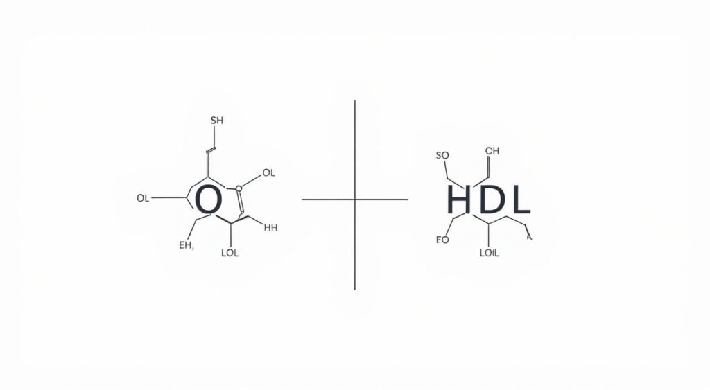 Detailed diagram of cholesterol molecules, rendered with scientific precision. Crisp, high-resolution illustration showcasing the chemical structure and composition of LDL and HDL cholesterol particles. Sleek, minimalist design on a clean, neutral background, bathed in soft, diffused lighting to highlight the intricate molecular details. Convey a sense of educational clarity and technical sophistication, suitable for a medical or health-focused publication.