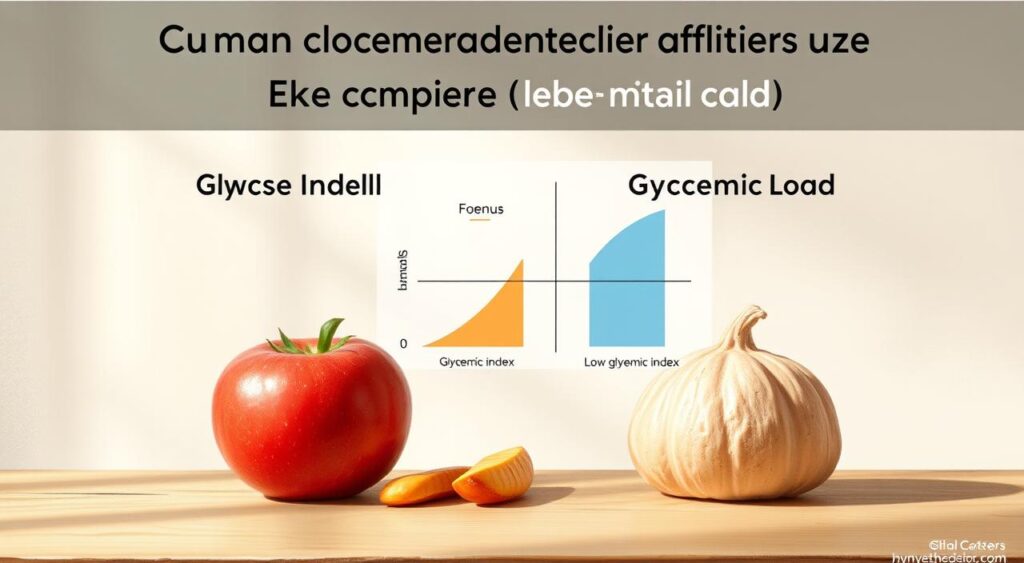 Detailed illustration of common misconceptions about glycemic index and glycemic load. Prominently featured in the foreground are two food items, one with a high glycemic index but low glycemic load, and another with a low glycemic index but high glycemic load. The middle ground shows a graph or chart contrasting the two concepts, presented in a clear and informative manner. The background features a neutral, clean backdrop that allows the key visual elements to stand out. Soft, natural lighting illuminates the scene, creating a sense of clarity and understanding. The overall tone is educational and well-designed, guiding the viewer towards a better comprehension of these important nutritional principles.