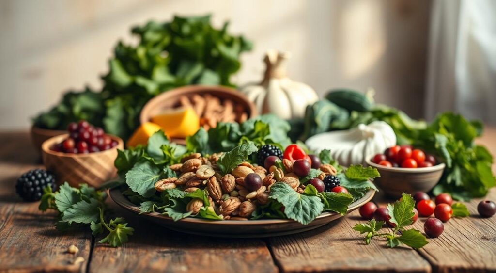 Detailed still life scene of various healthy foods arranged on a rustic wooden table against a soft, blurred background. In the foreground, a plate showcases a selection of green leafy vegetables, nuts, seeds, and berries - natural sources of nutrients that can help lower cortisol levels. Warm, diffused lighting casts gentle shadows, creating a calming, appetizing atmosphere. The composition emphasizes the connection between wholesome, cortisol-reducing foods and overall well-being.