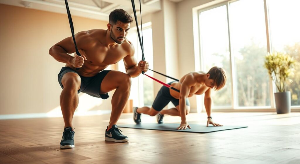 Insulin resistance exercise routine - a dynamic scene showcasing a determined individual engaged in a series of strength-building exercises. Foreground features a muscular figure performing a set of resistance band squats, their expression focused and resolute. Middle ground depicts the person transitioning into a plank position, core muscles engaged. Background sets the scene in a bright, airy gym with natural light streaming through large windows, emphasizing the importance of physical activity for metabolic health. Warm, neutral tones and clean, minimalist decor create a serene, motivational atmosphere. Crisp, high-resolution imagery captured from a low, dynamic angle to convey a sense of empowerment and progress.