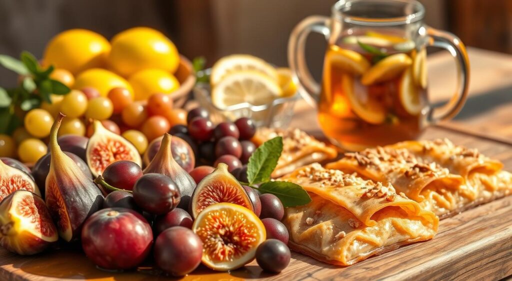 Lush, sun-drenched Mediterranean treats arranged on a rustic wooden table. In the foreground, an assortment of colorful, ripe figs, juicy grapes, and plump olives, drizzled with golden olive oil. The middle ground features freshly baked baklava, its flaky phyllo layers glistening with honey and chopped nuts. In the background, a glass pitcher filled with chilled, fragrant herbal tea, surrounded by vibrant lemon slices. Warm, soft lighting casts a golden glow, evoking the warmth and tranquility of a Mediterranean afternoon. The scene exudes a sense of simple, wholesome indulgence, perfectly capturing the essence of snacks and treats on the Mediterranean diet.
