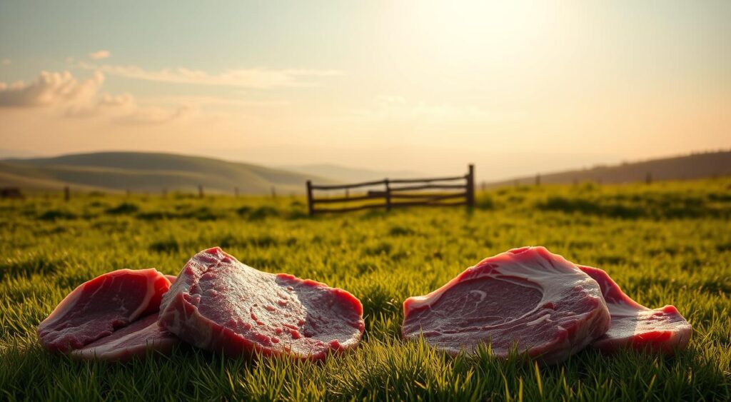 Lush, verdant meadow bathed in warm, golden sunlight. In the foreground, two distinct piles of grass-fed and grain-fed beef cuts, highlighting their visual differences. The grass-fed meat has a deeper, richer hue, while the grain-fed appears paler and more marbled. The middle ground features a serene pastoral scene, with rolling hills, wispy clouds, and a rustic wooden fence dividing the land. The background is a soft, hazy horizon, creating a sense of depth and tranquility. Captured with a wide-angle lens, the image conveys the importance of meat quality and the impact of the animal's diet on the final product.