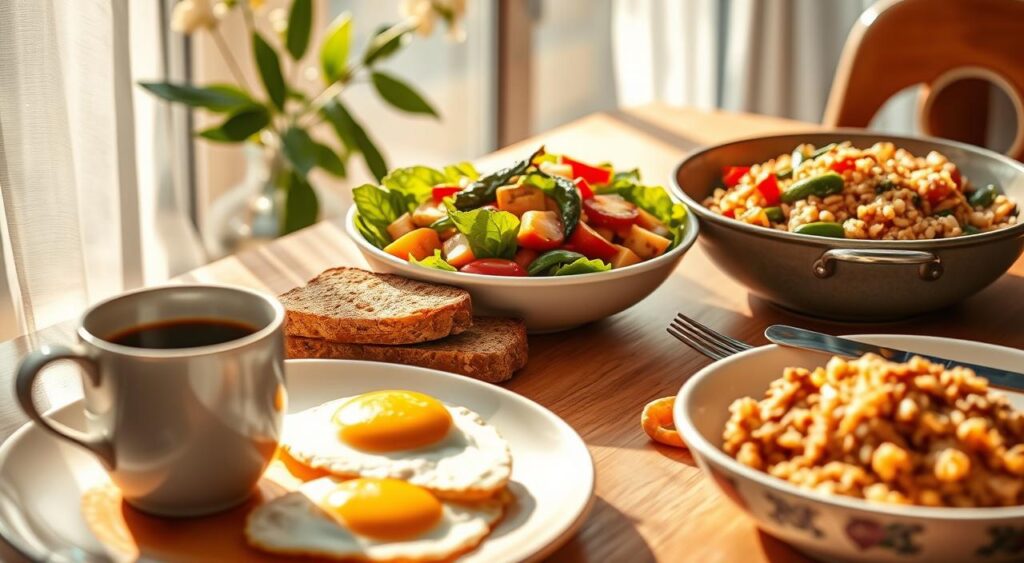 Meal timing for energy: a balanced, sun-drenched table set with a hearty breakfast, an energizing midday meal, and a nourishing dinner. In the foreground, a steaming cup of coffee, eggs, and whole-grain toast; in the middle, a vibrant salad with lean protein and complex carbs; and in the background, a savory stir-fry with fresh vegetables and brown rice. Soft, natural lighting casts a warm glow, inviting you to savor each bite and feel the steady flow of energy throughout the day. The overall atmosphere is one of wellness, balance, and a mindful approach to fueling the body.
