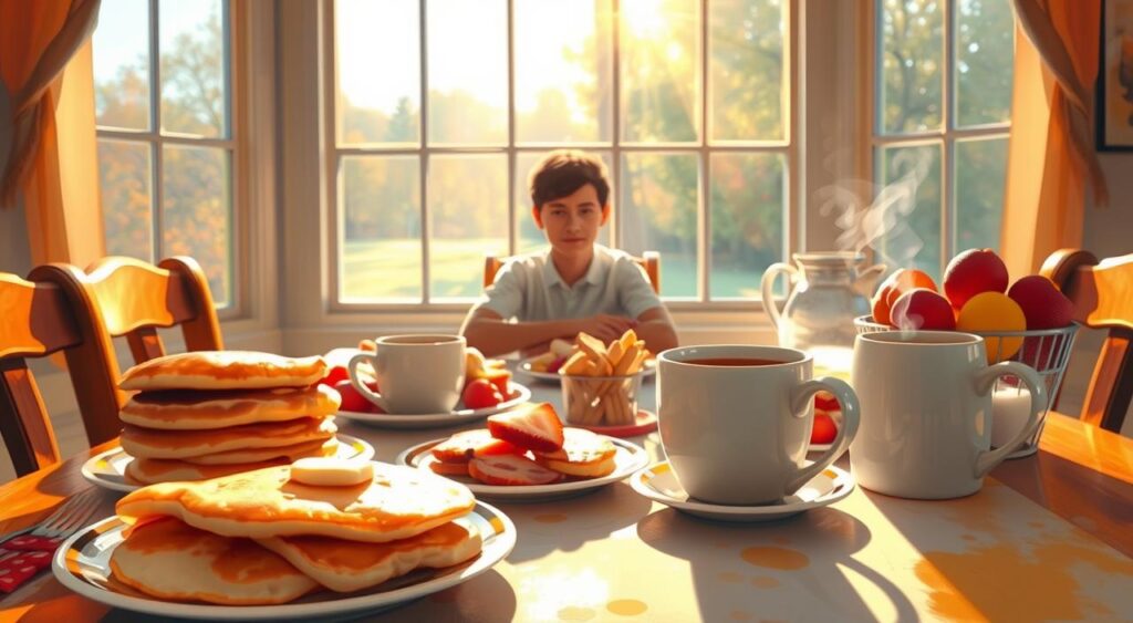 Prompt A vibrant morning scene showcasing the importance of breakfast. In the foreground, a table laden with a hearty meal - fluffy pancakes, crisp bacon, fresh fruit, and a steaming mug of coffee. Warm, natural lighting filters through large windows, casting a cozy glow over the scene. In the middle ground, a person sits at the table, energized and ready to take on the day. The background reveals a peaceful, sun-dappled outdoor view, hinting at the rejuvenating power of starting the day with a nourishing breakfast. The overall atmosphere is one of contentment, vitality, and the fundamental role that a balanced morning meal plays in fueling the body and mind.