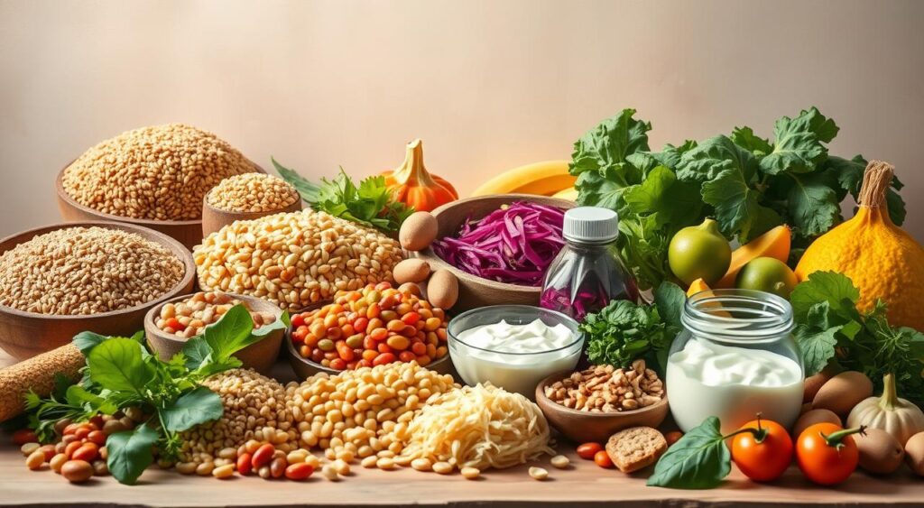 Vibrant still life showcasing a nourishing, digestion-friendly diet. In the foreground, an assortment of high-fiber whole grains, legumes, and leafy greens arranged artfully. Mid-ground features a variety of probiotic-rich fermented foods like yogurt and sauerkraut. In the background, a soft, natural light illuminates the scene, creating a calming, earthy atmosphere. The overall composition emphasizes the role of fiber-rich, gut-friendly ingredients in supporting digestive health, as per the Vibrant still life showcasing a nourishing, digestion-friendly diet. In the foreground, an assortment of high-fiber whole grains, legumes, and leafy greens arranged artfully. Mid-ground features a variety of probiotic-rich fermented foods like yogurt and sauerkraut. In the background, a soft, natural light illuminates the scene, creating a calming, earthy atmosphere. The overall composition emphasizes the role of fiber-rich, gut-friendly ingredients in supporting digestive health, as per the