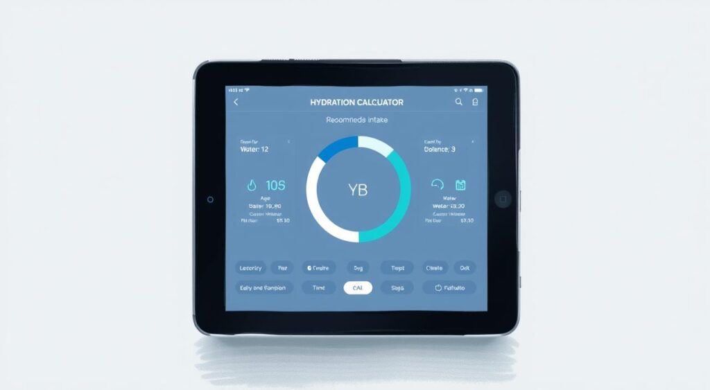 a high-resolution, detailed digital illustration of a hydration calculator app interface, with a clean, modern design. The app is displayed on a tablet or smartphone screen, with a prominent central dial or slider for adjusting water intake levels. The interface should have a sleek, minimalist aesthetic, with intuitive controls and clear visualizations of recommended daily water intake based on factors like age, gender, activity level, and climate. The background should be a neutral, uncluttered color that allows the app interface to stand out. The overall mood should be informative, user-friendly, and geared towards promoting healthy hydration habits.