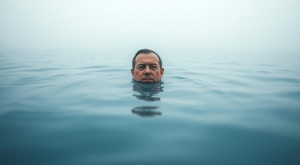 a man submerged in a cold body of water, his head and shoulders just above the surface, surrounded by a misty, bluish-grey atmosphere with a chilled, contemplative mood; the water is clear and tranquil, reflecting the overcast sky above; the man's expression is focused and determined, as if enduring a challenging but beneficial experience of cold water immersion; the scene is captured from a low, slightly elevated angle, using a wide-angle lens to emphasize the vastness of the environment; the lighting is natural, with soft, diffused illumination casting gentle shadows on the man's face and body. a man submerged in a cold body of water, his head and shoulders just above the surface, surrounded by a misty, bluish-grey atmosphere with a chilled, contemplative mood; the water is clear and tranquil, reflecting the overcast sky above; the man's expression is focused and determined, as if enduring a challenging but beneficial experience of cold water immersion; the scene is captured from a low, slightly elevated angle, using a wide-angle lens to emphasize the vastness of the environment; the lighting is natural, with soft, diffused illumination casting gentle shadows on the man's face and body.