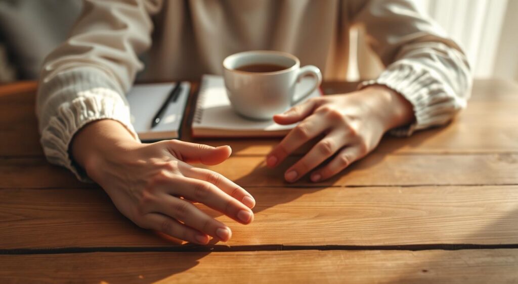 A minimalist scene of a person's hands resting on a wooden table, capturing the start of a circadian fasting routine. Soft, warm lighting illuminates the hands in the foreground, casting gentle shadows. The middle ground features a simple place setting - a cup of herbal tea, a notebook, and a pen. The background is blurred, suggesting a cozy, domestic atmosphere. The overall mood is one of calm, focus, and intention, setting the stage for a mindful, rhythmic approach to eating aligned with the body's natural clock.