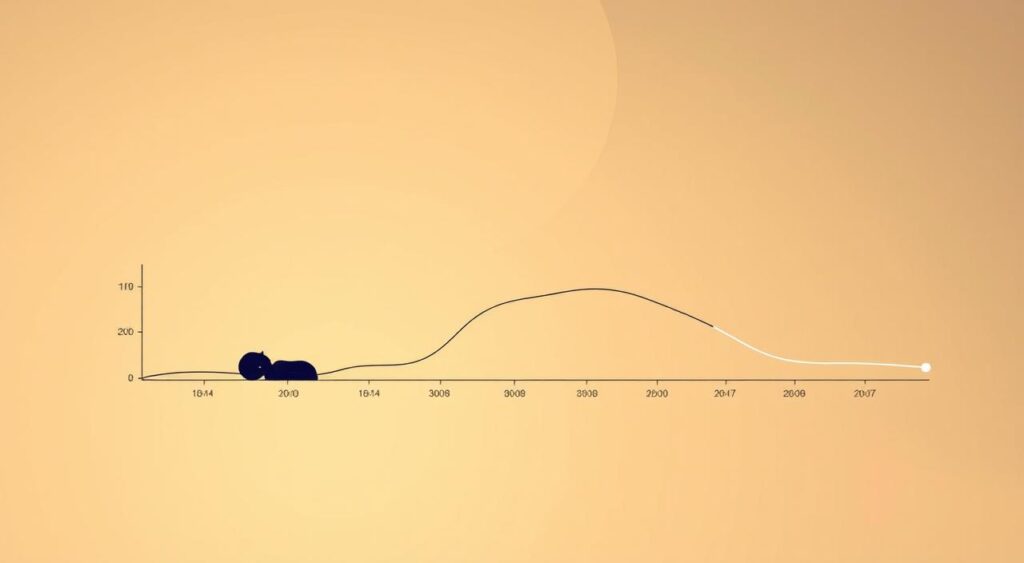 A serene, minimalist illustration of the human circadian rhythm, depicting the cyclical patterns of sleep and wakefulness. In the foreground, a simple line graph charts the rise and fall of melatonin and cortisol levels over a 24-hour period, visualizing the body's natural biological clock. The middle ground features a stylized human silhouette, resting peacefully during the night hours and active during the day. The background is a muted, gradient-filled sky, conveying a sense of tranquility and the gentle passage of time. The image is rendered in a clean, modern aesthetic with a subtle, warm color palette, emphasizing the harmony between the body's internal rhythms and the external environment.