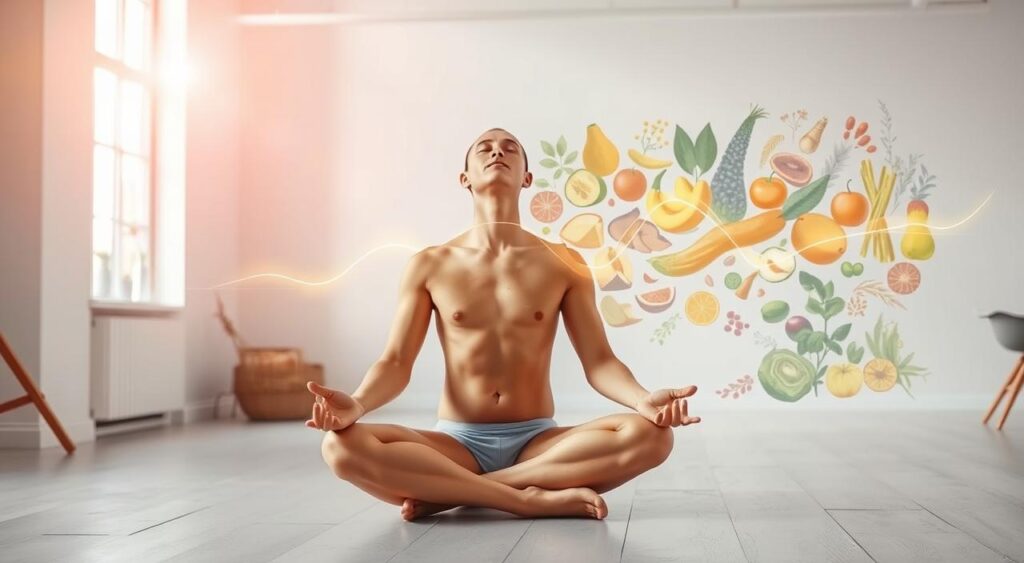 An airy, well-lit studio space bathed in soft, natural light. In the foreground, a healthy, vibrant human figure sits cross-legged, eyes closed in peaceful meditation. Behind them, a visual representation of the human circadian rhythm unfolds - a glowing, undulating graph depicting the body's natural cycles of wakefulness and rest. In the background, an elegant botanical illustration of various superfoods and ingredients associated with the benefits of circadian fasting, such as fruits, vegetables, and whole grains. The overall atmosphere evokes a sense of balance, harmony, and the holistic advantages of aligning one's daily rhythms with the body's innate biological clock.