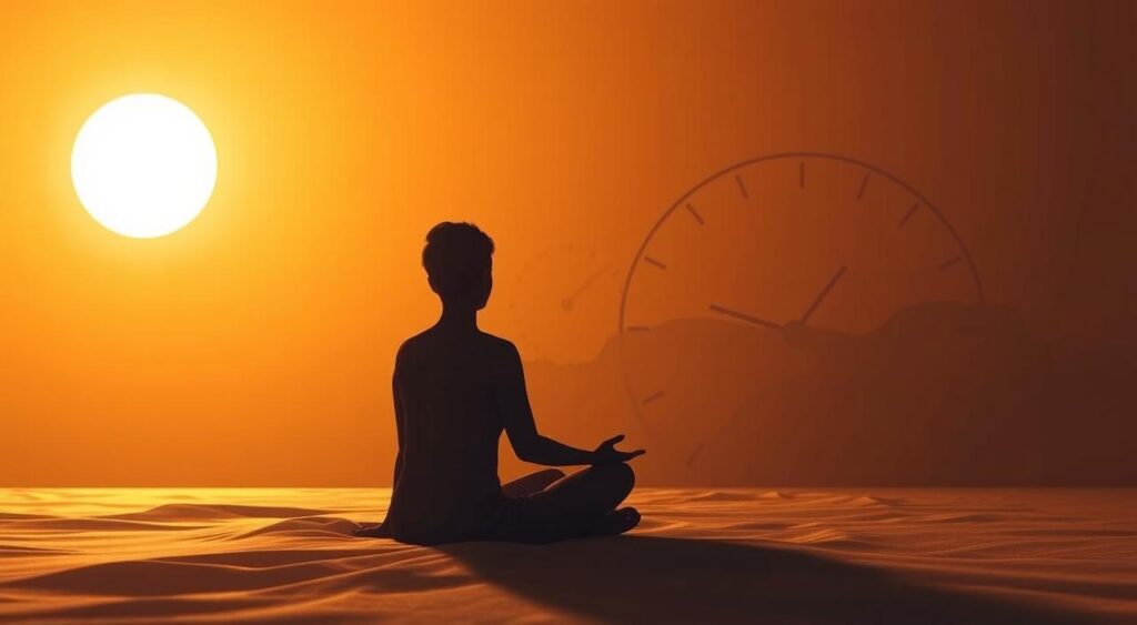 Prompt A serene, softly-lit scene depicting the concept of circadian fasting. In the foreground, a person sits cross-legged, meditating against a warm, golden backdrop, their face lit by the glow of a rising sun. In the middle ground, a minimalist clock face symbolizes the body's internal circadian rhythm, while in the background, a stylized illustration of the day/night cycle provides context. The overall atmosphere is one of balance, harmony, and a deep connection between the individual and their natural biological cycles.