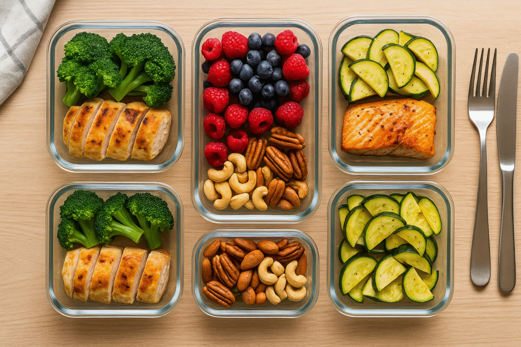 Meal prep containers with balanced low carb low sugar diet USA meals including chicken, vegetables, nuts, and berries.