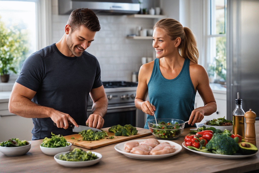 American couple preparing a healthy low carb low sugar diet USA meal with vegetables and lean protein.
