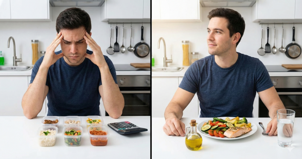 Split image showing a stressed man calculating calories for tiny meals versus a relaxed man enjoying a large, healthy meal on an intermittent fasting schedule.