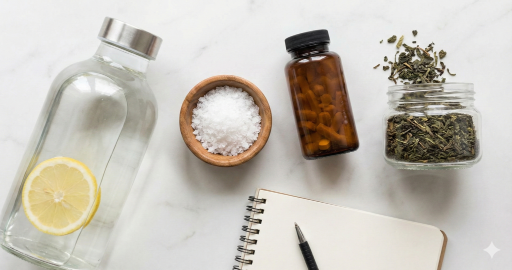 Flat-lay photo of essential items for a safe intermittent fasting journey, including lemon water, sea salt, electrolytes, green tea, and a journal.