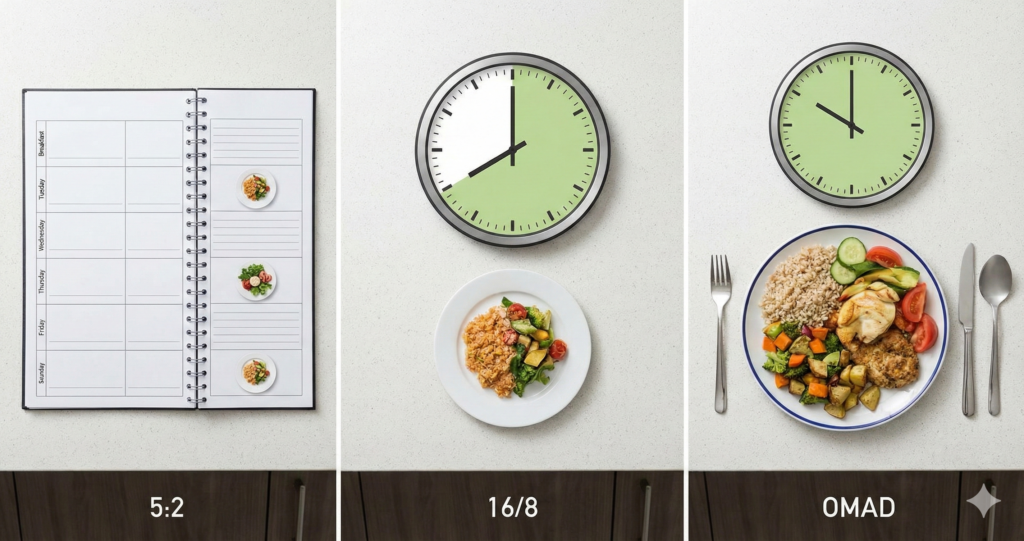 Infographic comparison of popular intermittent fasting protocols including the 5:2 weekly planner, the 16/8 clock method, and the One Meal a Day (OMAD) approach.