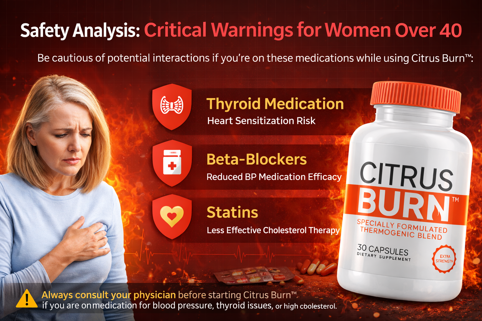 Safety infographic about Citrus Burn use for women over 40, highlighting potential interactions with thyroid medication, beta-blockers, and statins, with a recommendation to consult a physician before use.